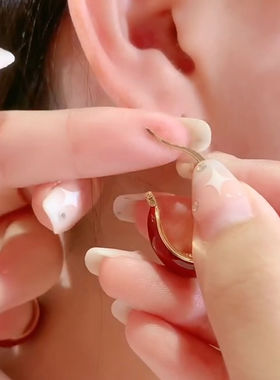 红色画油C型耳扣耳环女简约小款网红百搭耳饰2022新款银针