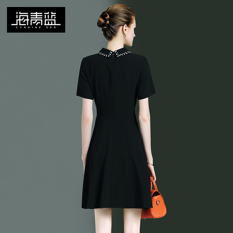 海青蓝连衣裙新款夏女装时尚polo领显瘦小黑裙气质通勤高腰短裙子-图0