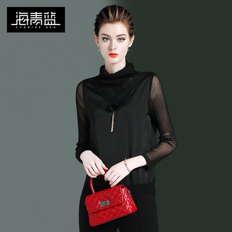 海青蓝2020春夏新款黑色打底雪纺衫 海青蓝蕾丝衫/雪纺衫