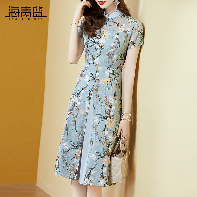 海青蓝改良旗袍夏2020年新款连衣裙 海青蓝连衣裙