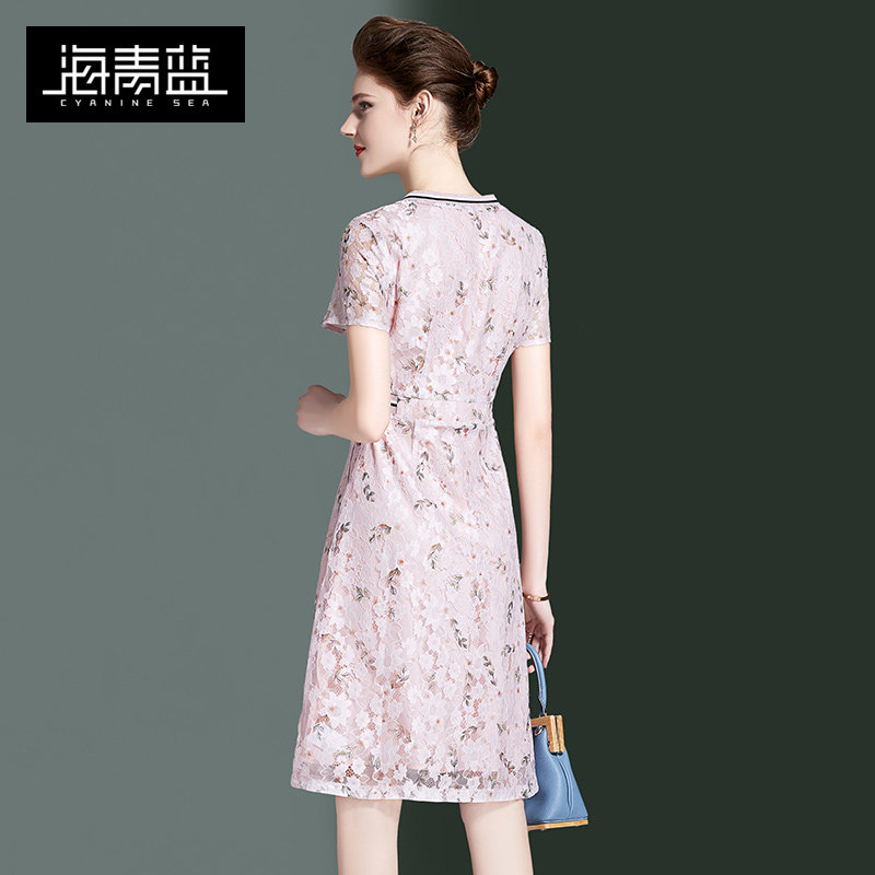 海青蓝蕾丝女夏2020新款通勤连衣裙 海青蓝连衣裙