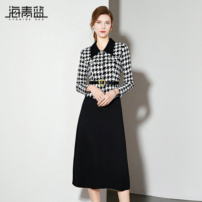 海青蓝 翻领千鸟格套装女2025新款冬装高级设计感半身裙两件套,淘宝优惠券,粉丝福利购,淘宝优惠卷