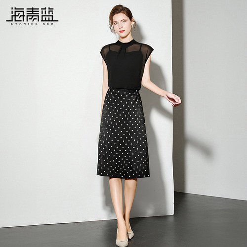 海青蓝 设计感不撞款套装高级女装2025年新款两件套波点半身裙 - 图2