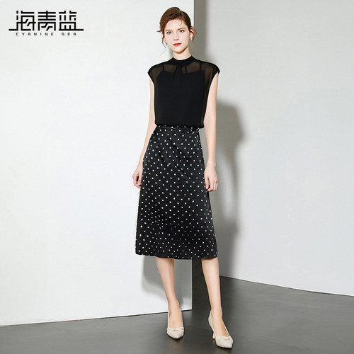 海青蓝 设计感不撞款套装高级女装2025年新款两件套波点半身裙 - 图1