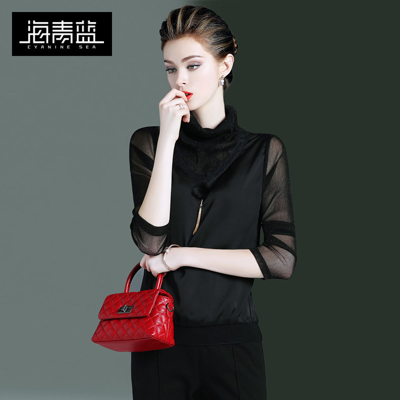 海青蓝2020春夏新款黑色打底雪纺衫 海青蓝蕾丝衫/雪纺衫