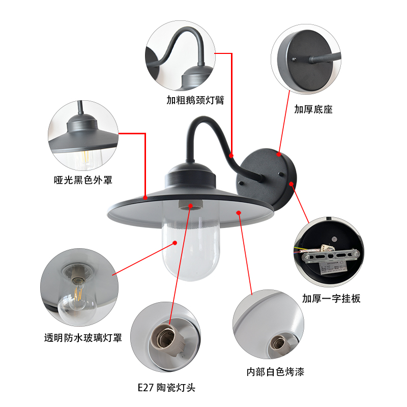 美式简约户外防水壁灯门口室外阳台露台外墙玻璃灯罩防蚊虫壁灯 - 图2