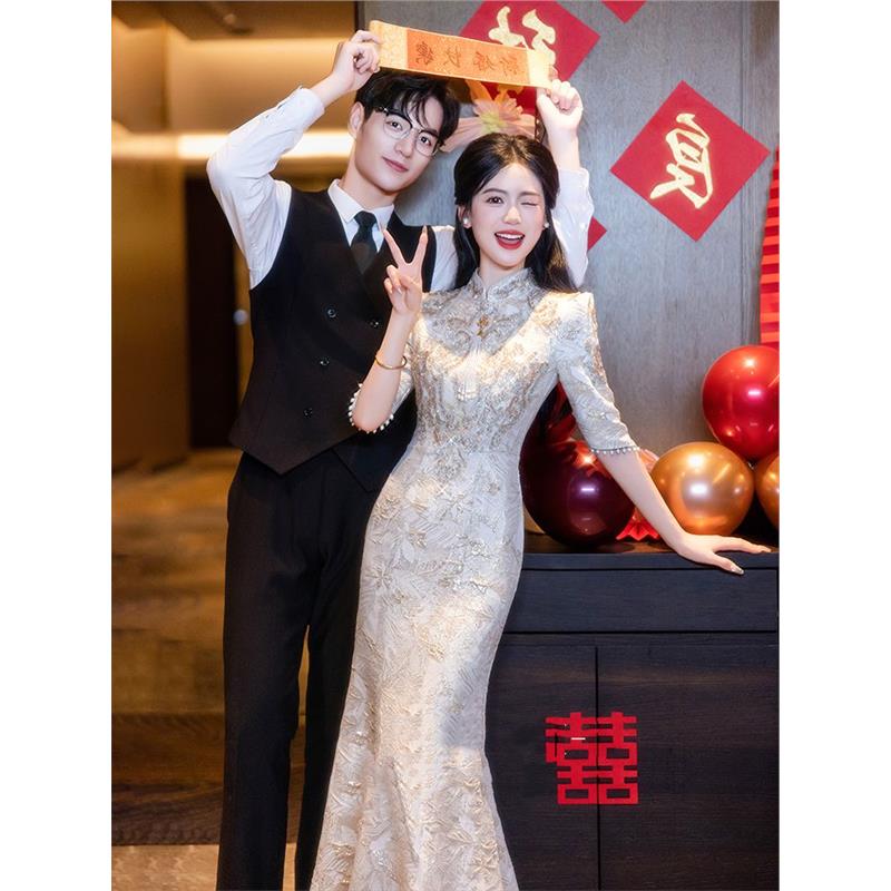 新中式旗袍敬酒服新娘2024新款高级感订婚连衣裙显瘦鱼尾晚礼服女 - 图3