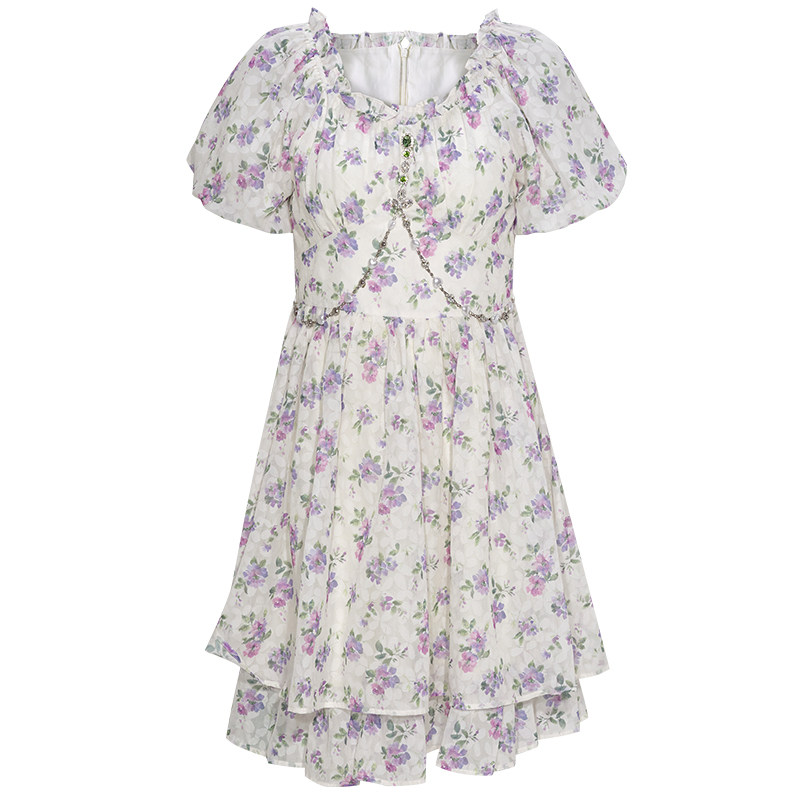 FEXATA斐格思连衣裙2025夏季新品收腰泡泡袖一字领度假风印花裙,淘宝优惠券,粉丝福利购,淘宝优惠卷