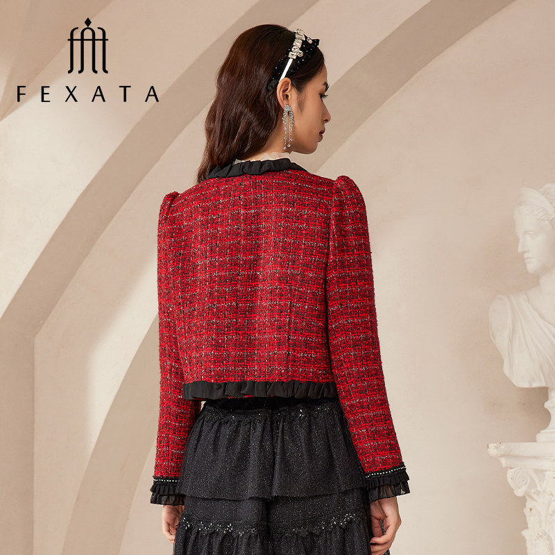 fexata斐格思短外套女2025春季 精致安哥拉红千金花呢外套 新品