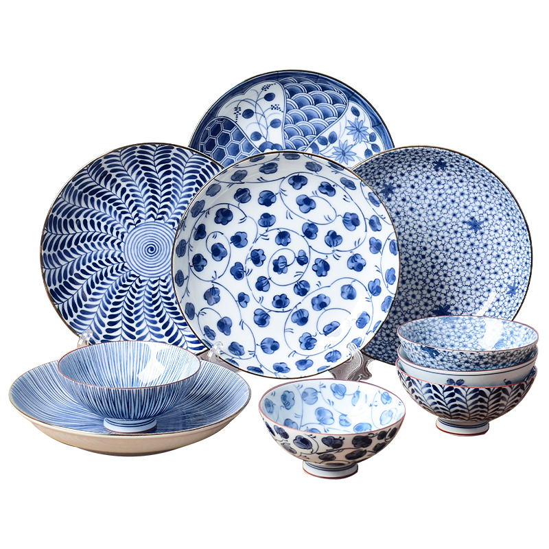 爱悦居日本进口陶瓷蓝绘变饭碗菜盘10件家用日式餐具和风碗盘套装-图3