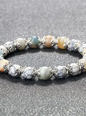 8mm White Howlite Stone Women Bracelet Metal Spacer Charm