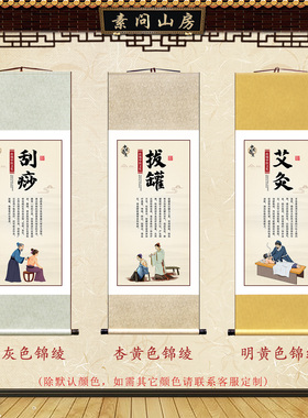 中医文化养生馆背景墙装饰画海报图推拿刮痧拔罐艾灸功效卷轴挂图