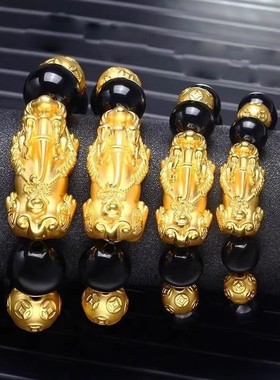 纯沙金貔貅手串男女仿真黄金貔貅手链黑曜石玛瑙转运高级情侣礼物