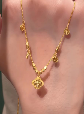 沙金碎碎冰四叶草项链女不掉色