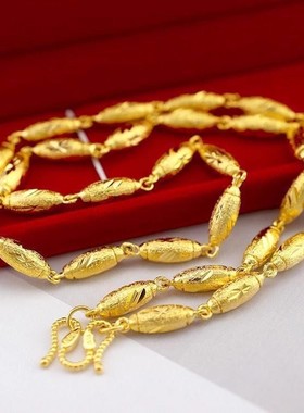 实心拉丝橄榄项链男士霸气仿真黄金轻奢小众高级感结婚沙金不掉色