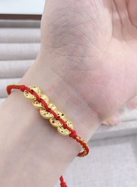 越南沙金碎冰冰铜钱红绳手链女