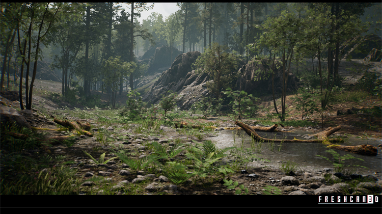 UE4虚幻5写实树林岩石溪流山林场景森林密林灌木碎石场景素材-图0