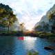 UE5 Unreal 5.4+ realistic natural valley landscape small house lake thatched house architectural scene