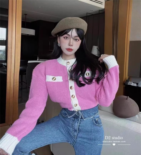 High-End Small Duftstil Mode farblich blockierende Pullover Kurzjacke für Frauen koreanischer sanfter Stil Fauler Stil Pullover Strickjacke