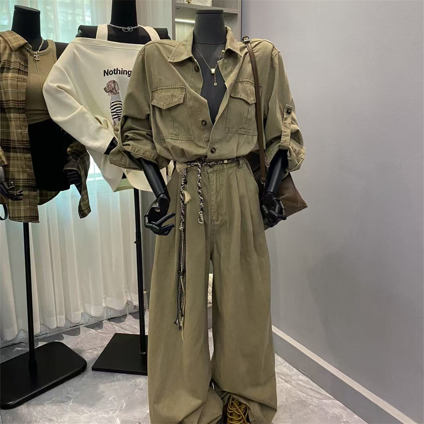 韩版2025新款气质绿色工装连体裤慵懒街头风阔腿裤长裤子连身衣潮 - 图0