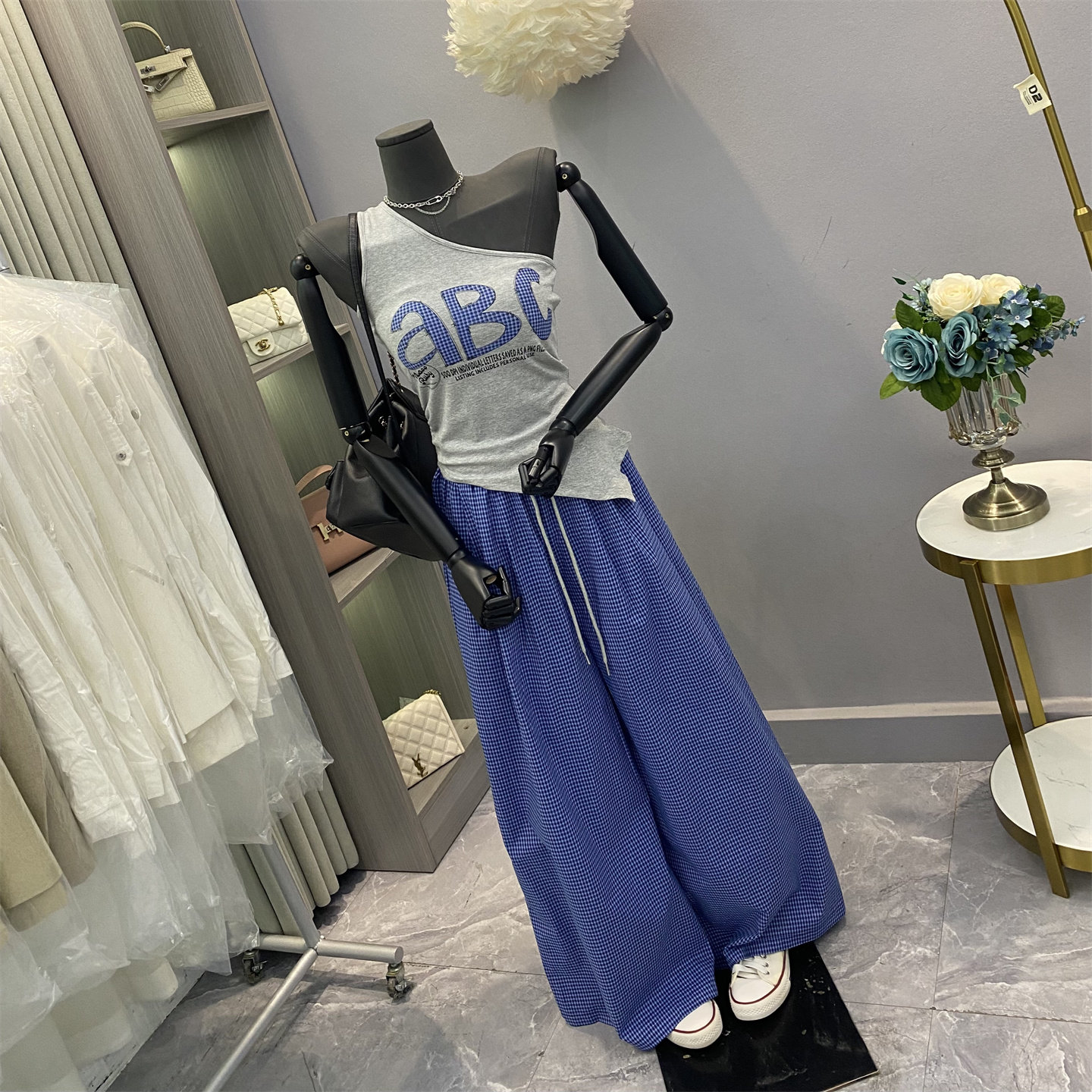 美式复古辣妹风斜肩字母印花吊带背心搭高腰显瘦格子阔腿裤两件套,淘宝优惠券,粉丝福利购,淘宝优惠卷