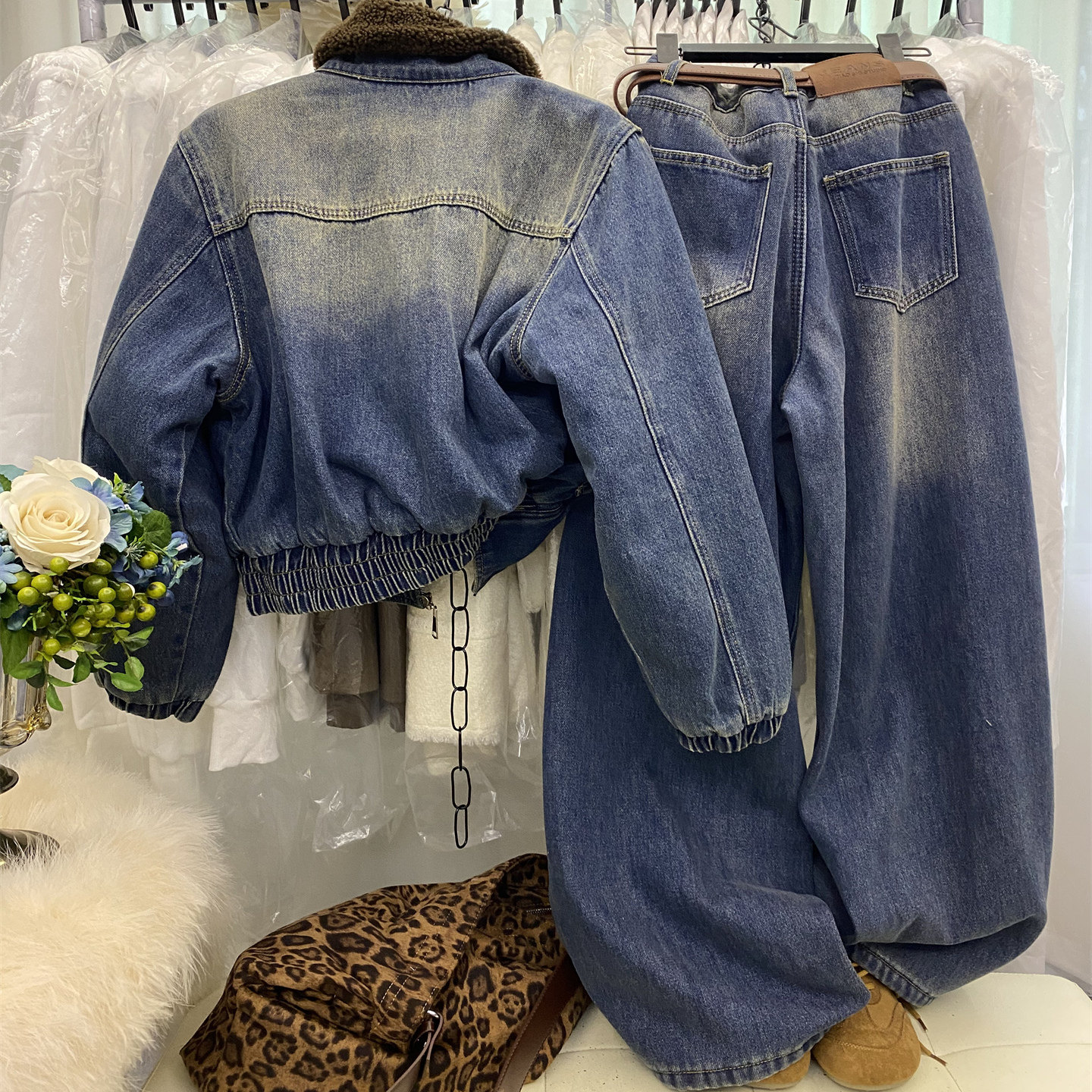 韩版时尚复古羊羔毛翻领牛仔夹棉外套高腰显瘦加绒阔腿裤两件套女,淘宝优惠券,粉丝福利购,淘宝优惠卷