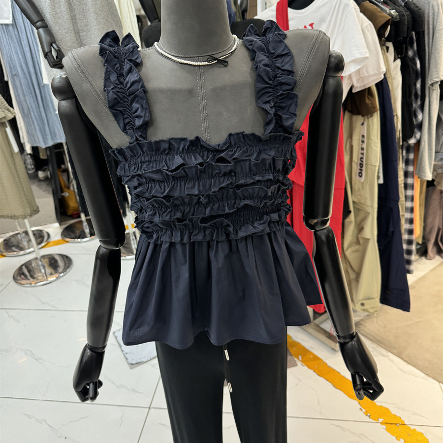 特价夏季新款时尚百搭显瘦木耳边褶皱吊带背心女设计感娃娃衫上衣,淘宝优惠券,粉丝福利购,淘宝优惠卷