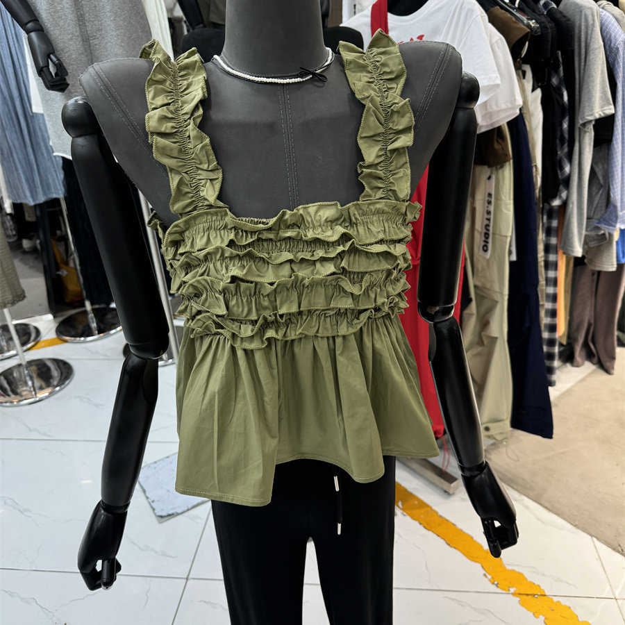 特价夏季新款时尚百搭显瘦木耳边褶皱吊带背心女设计感娃娃衫上衣,淘宝优惠券,粉丝福利购,淘宝优惠卷