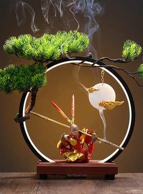 新中式灯圈饰倒流香陶瓷财神爷摆件 招财佛像办公室装饰开业礼品