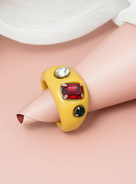 复古设计感ins亚克力镶钻宝石戒指饰品 小众彩色树脂指环女