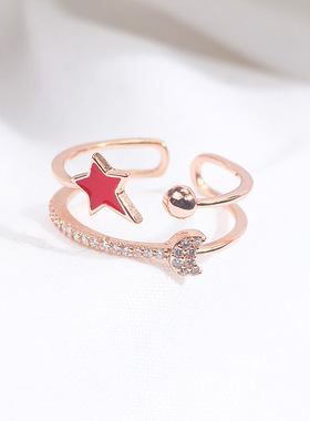 韩版保色可爱星月戒指 甜美百搭双层微镶锆石戒指 开口可调节指环