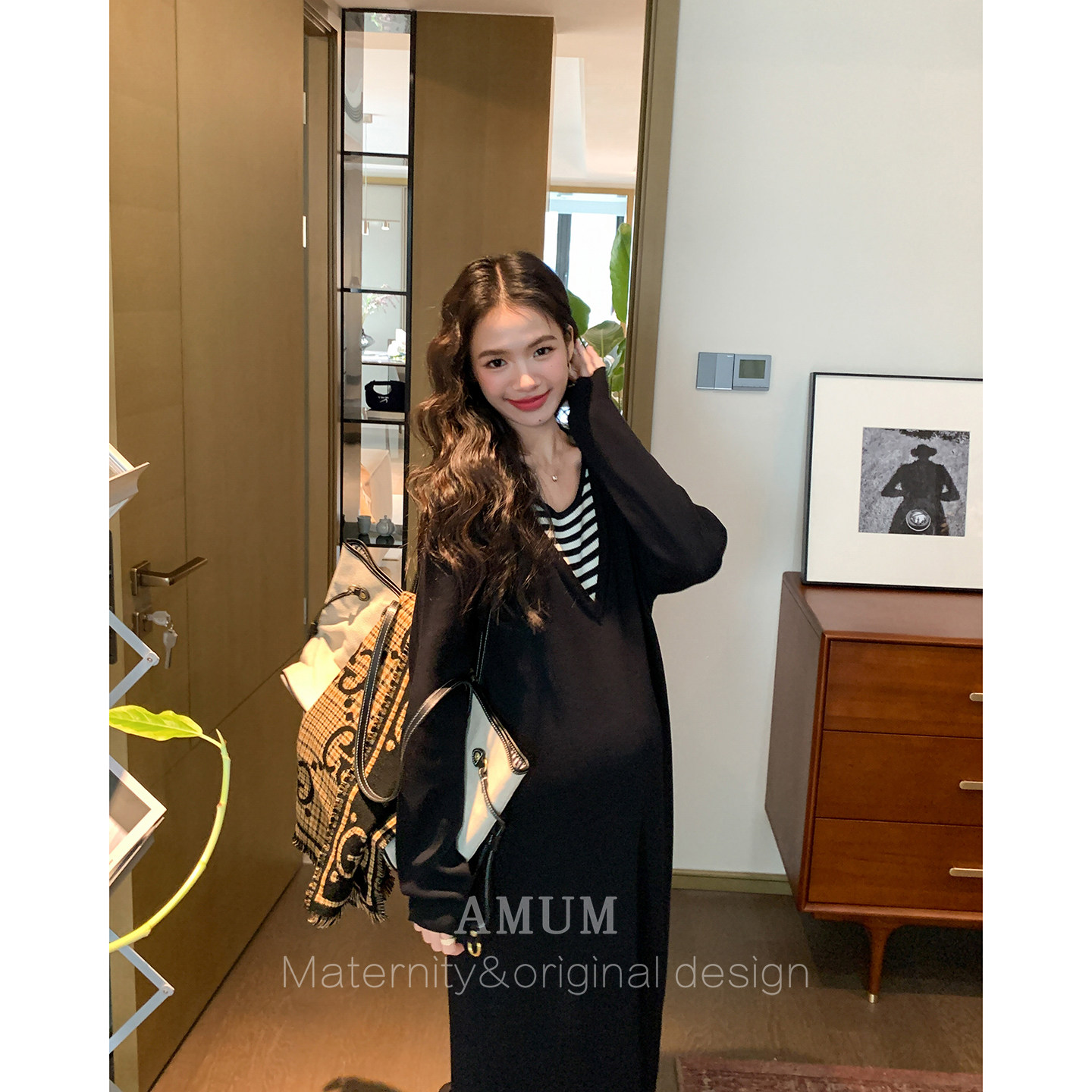 ◆AMUM孕妇装◆限于温柔~假两件V领条纹拼接宽松休闲针织连衣裙,淘宝优惠券,粉丝福利购,淘宝优惠卷