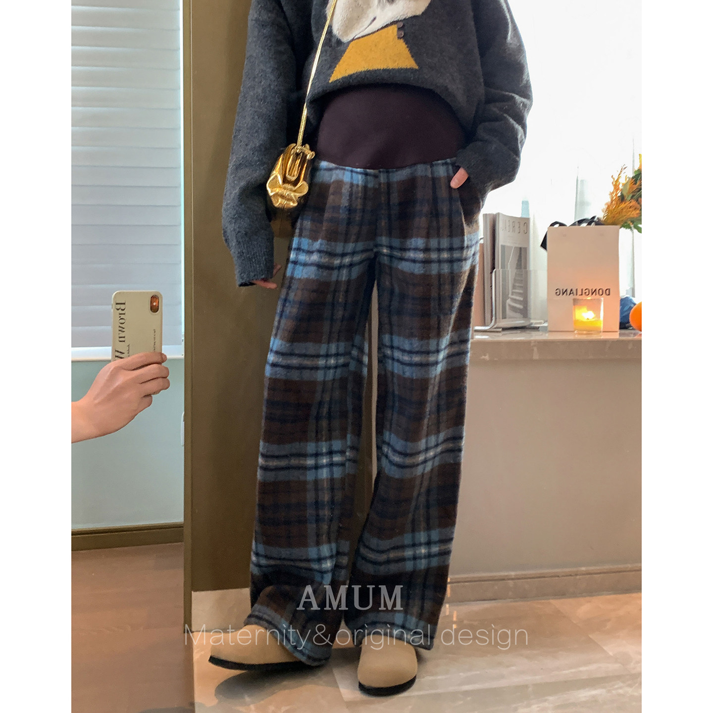 ◆AMUM孕妇装◆爱丁堡格纹~复古加绒加厚保暖休闲毛呢托腹阔腿裤,淘宝优惠券,粉丝福利购,淘宝优惠卷