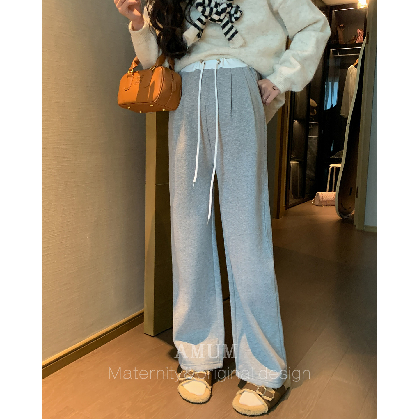 ◆AMUM孕妇装◆cozy time~复古撞色白边休闲卫裤百搭阔腿无托腹裤,淘宝优惠券,粉丝福利购,淘宝优惠卷