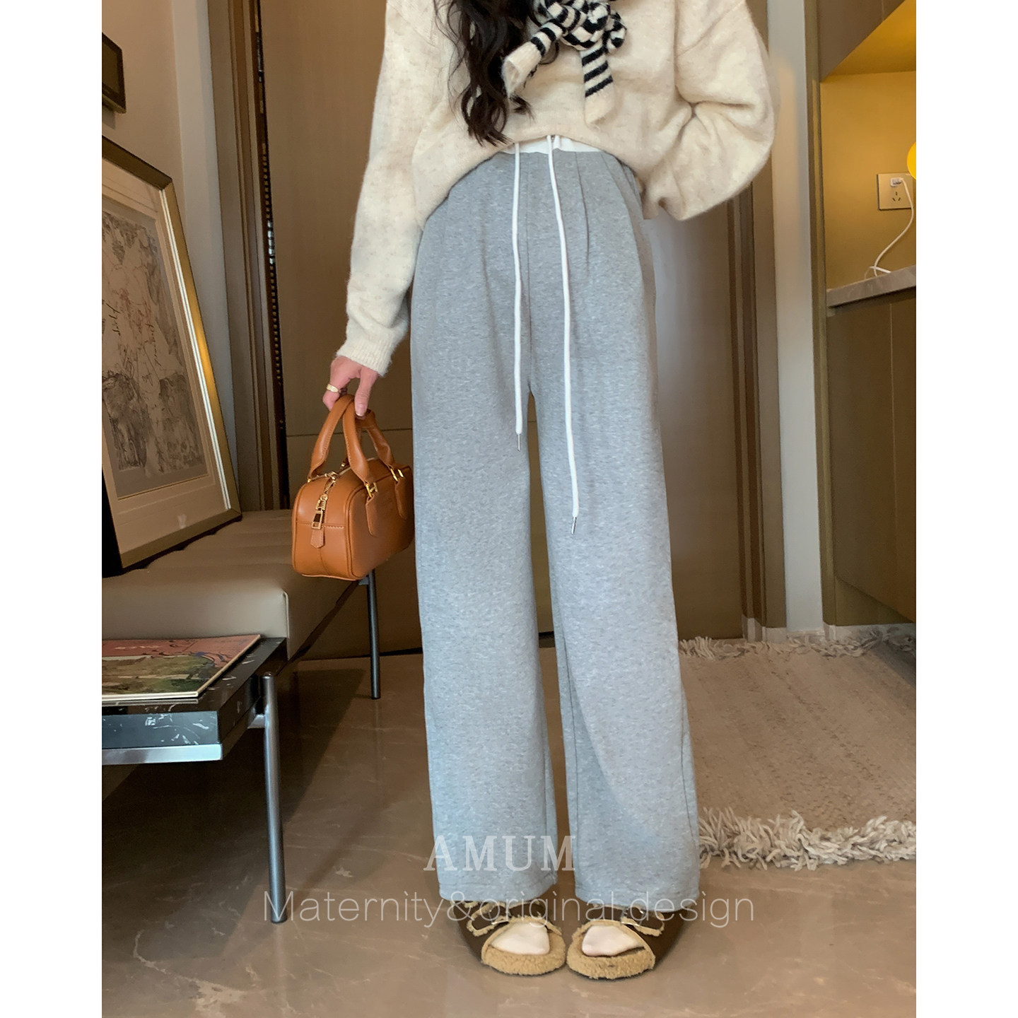 ◆AMUM孕妇装◆cozy time~复古撞色白边休闲卫裤百搭阔腿无托腹裤,淘宝优惠券,粉丝福利购,淘宝优惠卷