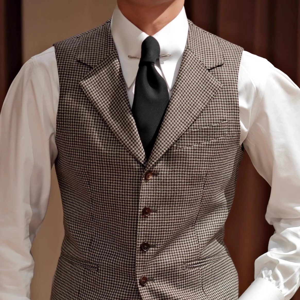 SEEKMITED千鸟纹单排扣羊毛西装马甲商务通勤平驳领内搭马甲,淘宝优惠券,粉丝福利购,淘宝优惠卷