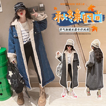 Girl Winter Lamb Hair Denim Jacket Han Version Children Plus Suede Thickened Long style Large Wind Clothes Big Boy Winter Clothing Cotton Clothing