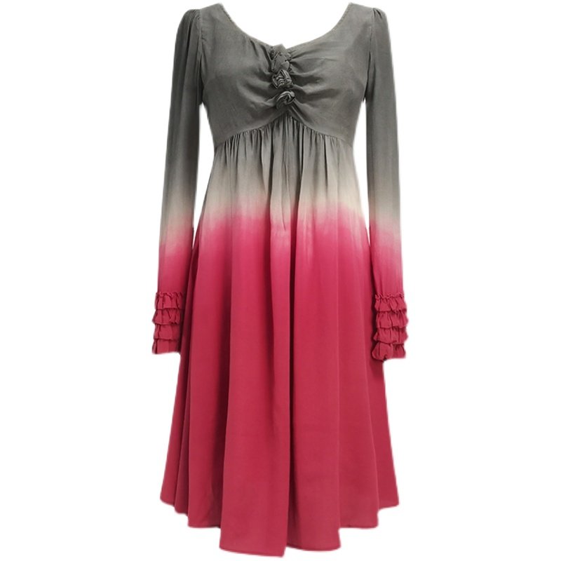 专柜正品v领真丝连衣裙女渐变色收腰修身桑蚕丝气质百搭长袖a字裙