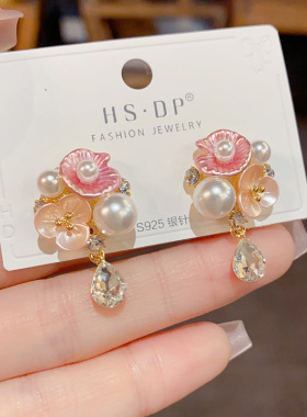 s925银针微镶锆石花朵珍珠耳环