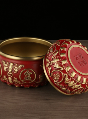 黄铜八宝聚宝盆八福聚宝盆彩绘红色聚宝盆摆件家居办公室摆设