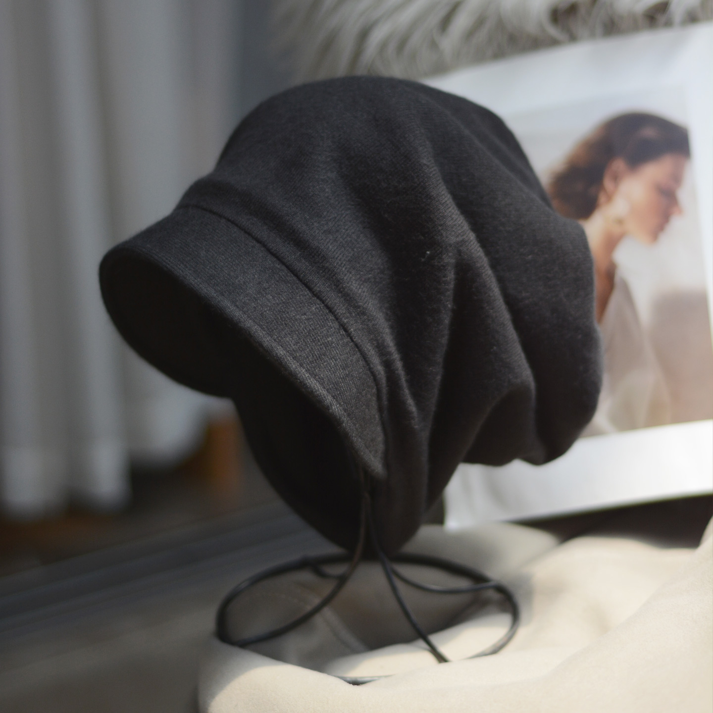 新款带沿堆堆帽显脸小羊毛混纺针织帽黑色秋冬女帽加绒护耳贝雷帽 - 图3