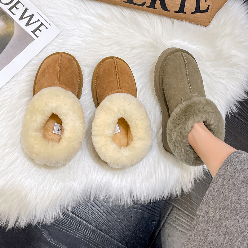 2025新款雪地靴女冬季皮毛一体短靴羊毛口低帮加绒加厚底保暖棉鞋 - 图0