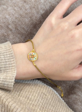 2024新款潮时尚桃花珐琅百搭镀金螺钿工艺手链花卉烧蓝手绳送女友