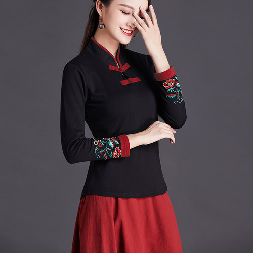 中国风盘扣立领上衣女 秋冬季绣花民族风女装长袖刺绣大码打底t恤 - 图0