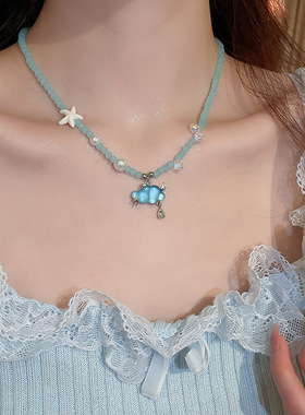 夏日清凉感蓝色玻璃云朵吊坠甜美可爱海星项链串珠两件套锁骨链女