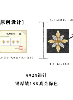 原创厚镀18k真金芒星雪花锆石耳钉时尚轻奢高级感925纯银针耳饰女