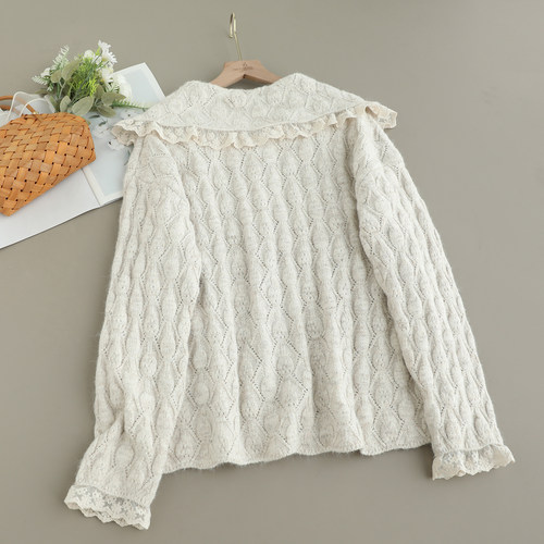 新款翻领立体花朵翻领针织开衫女宽松百搭小清新减龄长袖毛衣外套 - 图1