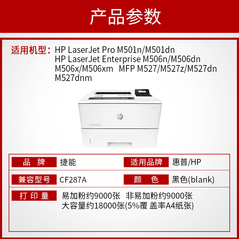 捷能适用惠普CF287A硒鼓HP Pro M527 M506dn M506x M501易加粉mfp M527dn M527f HP87A CF287X打印机墨盒 - 图1