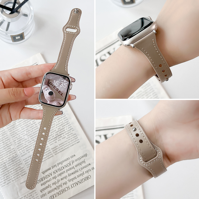 乐诺适用苹果手表applewatch表带s9女真皮iwatch87654321代手表带s7细款se小蛮腰watchs6皮质高级感小众秋冬