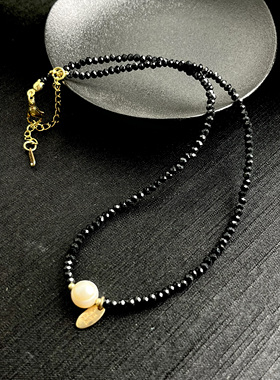 原创设计黑尖晶项链女款黑色手工绳子轻奢小众淡水珍珠锁骨链